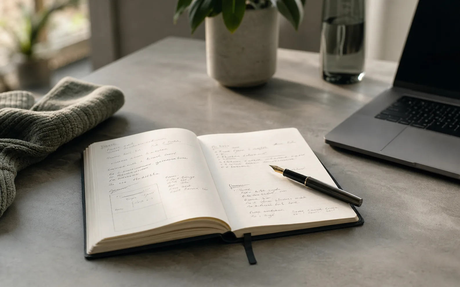 Open journal, pen, laptop and gym towel on a calm desk