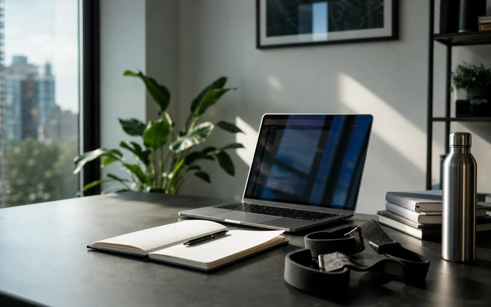 Modern founder desk with laptop, notebook and a technology-focused workspace