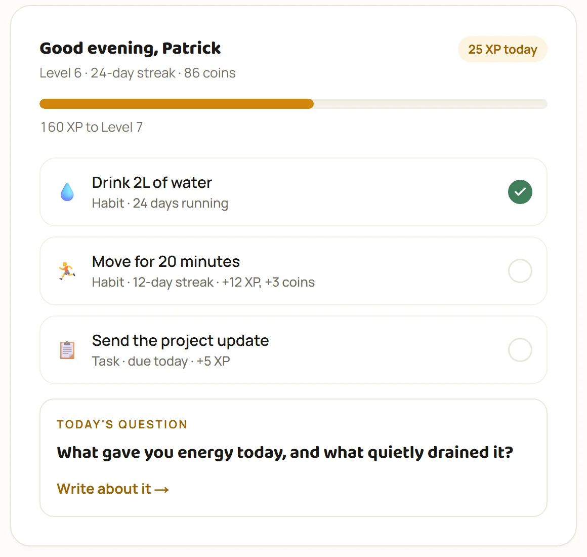 Sample LifeQuest view: level, streak and XP progress, habits, a task and the question of the day