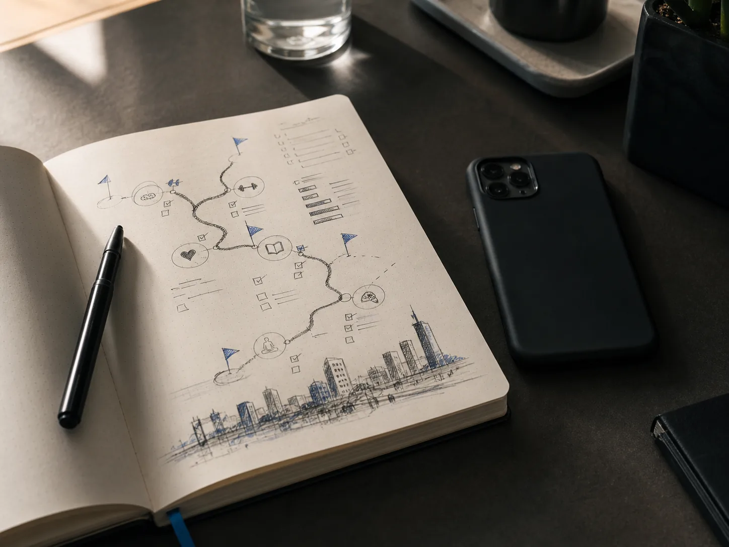 Notebook sketch of a quest map that leads to a growing city